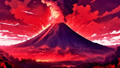 Deurstickers Erupting Volcano in Red Sky with Flowing Smoke, Anime Style  © marisamanee