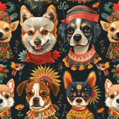 A colorful pattern of dogs with various accessories, including a scarf and a hat. The dogs are smiling and appear to be happy