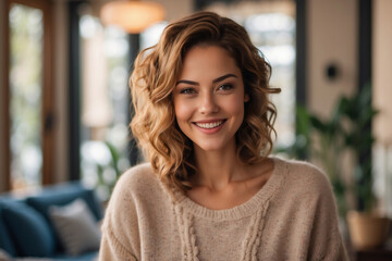 Fototapeta premium Bezaubernde junge Frau mit blonden Locken und Strickpullover in hellem Wohnambiente