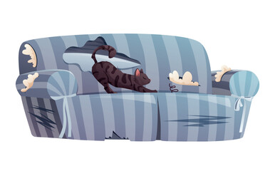 Broken, dirty home sofa, scratched by a black cat. Pet damaged furniture for living room interior. vector isolated cartoon illustration.