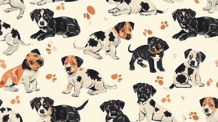 A pattern of dogs with different colors and markings