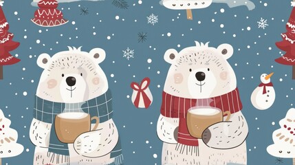 Two polar bears are holding cups of hot chocolate