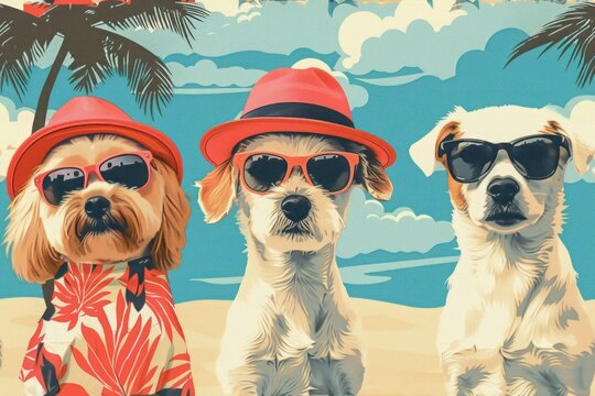 Three dogs wearing sunglasses and hats are posing for a picture on a beach