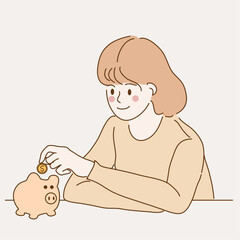 A young happy girl is putting coins into a piggy bank for saving money. Investment concept. Hand-drawn, Vector Illustration.
