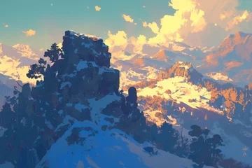 Gordijnen Anime winter mountain background, art, wallpaper © IMAGE