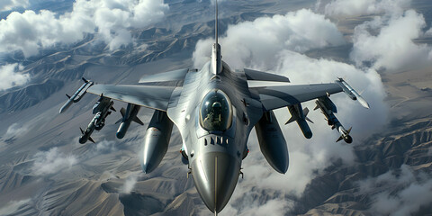 F 16 advanced fighter jet flying through the air,  Military fighter aircraft at high speed, flying high in the sky.
 - obrazy, fototapety, plakaty