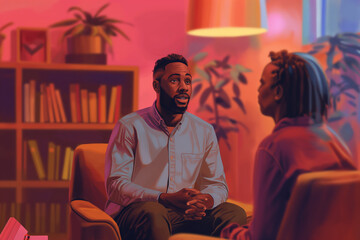 Black man discusses the progress of his therapy with his psychologist, the warm colors and soft lighting creating a comforting environment for their conversation. - obrazy, fototapety, plakaty