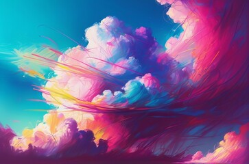 Colorful clouds in colorful chaotic wax crayon drawing style - obrazy, fototapety, plakaty