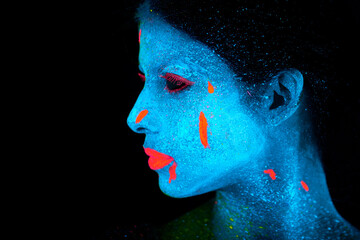 Face, neon and psychedelic universe for creative, art and glitter with unique surreal glow. Person,...