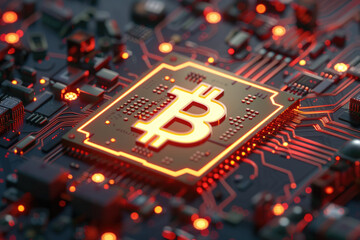 Bitcoin over a microprocessor in a motherboard. Virtual cryptocurrency concept