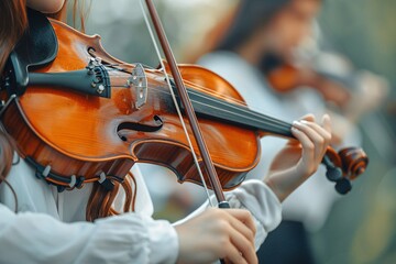 Adolescent high schoolers studying and practicing violin outdoors in a youth artistic music club...
