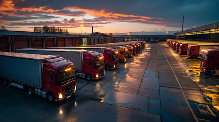 Amidst the sleek architecture of modern warehouse buildings, a convoy of trucks is lined up neatly in a well-lit parking lot yard, bustling with activity as workers load and unload goods