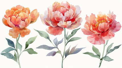 Watercolour hand painted botanical gentle peony flowers illustration set isolated on white background,
