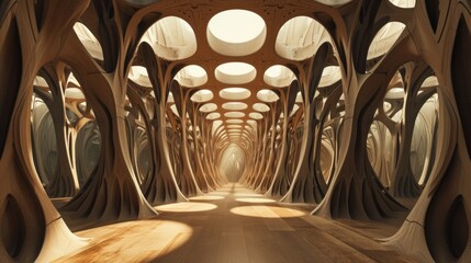 Wooden modern pergola style tunnel in contemporary interior - obrazy, fototapety, plakaty