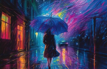 Rain in surreal dreamscapes in colorful chaotic wax crayon drawing style - obrazy, fototapety, plakaty