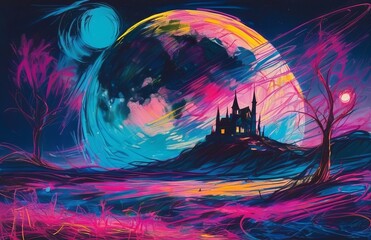 Moon in surreal dreamscapes in colorful chaotic wax crayon drawing style