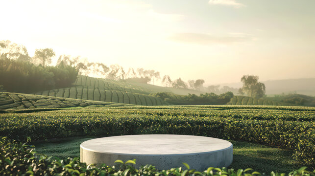 Round Stone Podium in the Tea Field Farm on a Sunny Day, with elegance and simplicity in mind, Copy Space for Advertisement or Product Presentation Background.