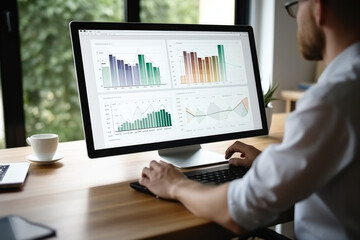 Business man trader big data analyst looking at computer monitor, stock broker analyzing indexes, financial chart trading online on screen