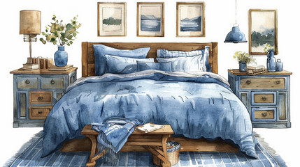 Watercolour hand painted home interior bedroom sleep furniture illustration set on white background, 