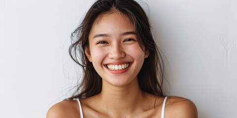 Beautiful Asian woman with a bright smile, standing alone on a white background, representing beauty and dental care. - obrazy, fototapety, plakaty