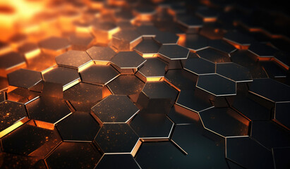 Abstract metallic texture hexagon pattern with glowing orange red flame on black grey background technology style. Modern futuristic honeycomb concept. - obrazy, fototapety, plakaty