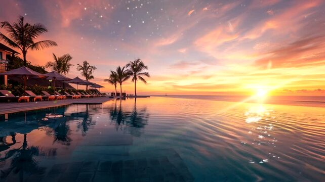 Sunset scene at a hotel with a swimming pool, animated virtual repeating seamless 4k	
