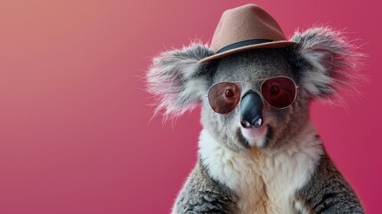 Naklejka premium A stylish koala adorned with oversized sunglasses and a fedora, against a chic solid background exuding an aura of laid-back glamour.