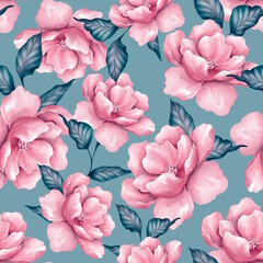 Seamless pattern with pink flowers on blue background. Floral pattern, tileable for wallpaper or fabric.