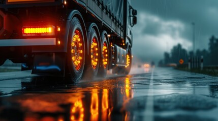 Truck chassis and orange wheels on a wet road in rainy weather, close-up. Safety concept and tire grip on wet road - obrazy, fototapety, plakaty