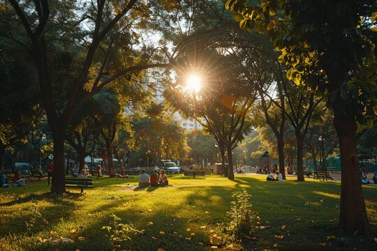 Crowded public green space with individuals relaxing.