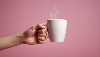 Coffe-Tea drink concept, A hand holding a cup of coffee with steam rising against a pink backdrop