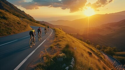 Group of cyclist ride together on road bicycles in beautiful nature. Sunset light, sea in background - obrazy, fototapety, plakaty