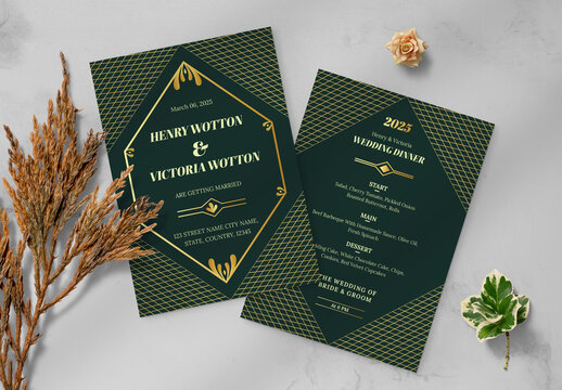 Wedding Invitation Card Green Gold Floral Design