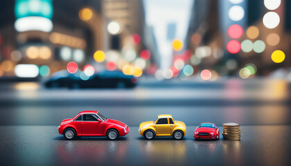used car with coin and blur big city business background. loan car concept.
