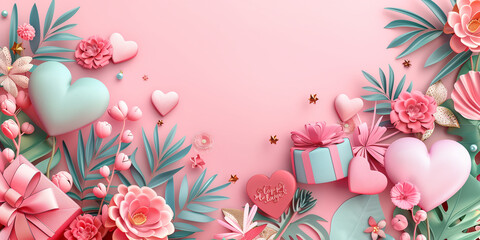 Gifts, flowers, hearts surrounded by pink background, abstract natural floral frame layout with space for text. Romantic female composition. Valentine's Day, Mother's Day