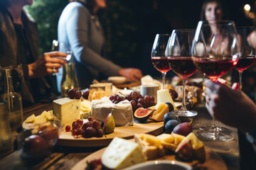Friends having a wine tasting party in a rustic winery, with varieties of cheeses and figs on a beautifully decorated table - obrazy, fototapety, plakaty