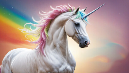 Obraz na płótnie Canvas Unicorn with colorful background and rainbow mane colorful background