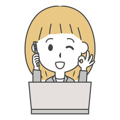 パソコンの前で電話しつつOKサインを出すスーツ姿の女性　上半身　イラスト