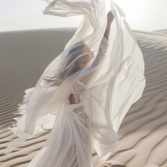 Woman in a long white dress walking in the desert with flowing fabric in the wind	