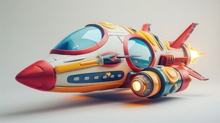 Brightly colored 3D cartoon spaceship with exaggerated features exploring distant stars white backdrop