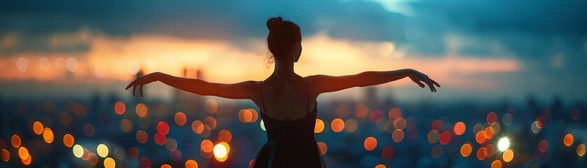 Dancers silhouette merged with city lights dipped in dusks radiance