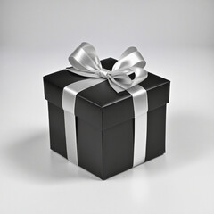 Black gift box with silver ribbon colorful background