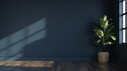 Minimalistic background of floor and dark blue wall of the room. Minimalist design. - obrazy, fototapety, plakaty