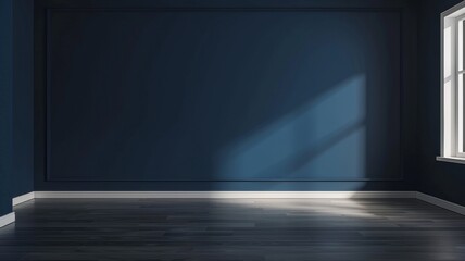 Minimalistic background of floor and dark blue wall of the room. Minimalist design. - obrazy, fototapety, plakaty