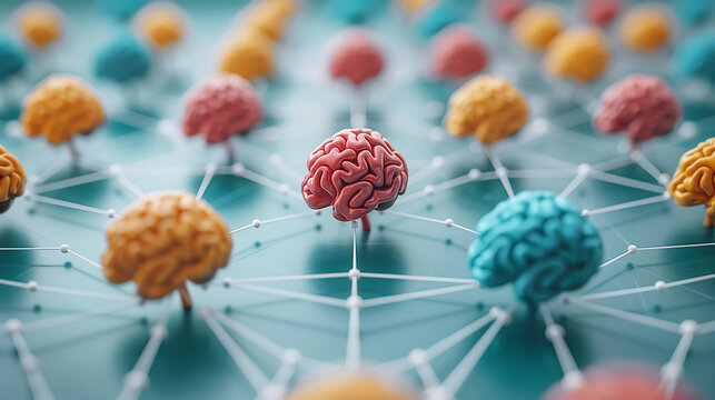 Diversity colorful human model brains connected by network. Conceptual background
