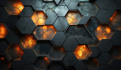 Abstract metallic texture hexagon pattern with glowing orange red flame on black grey background technology style. Modern futuristic honeycomb concept.