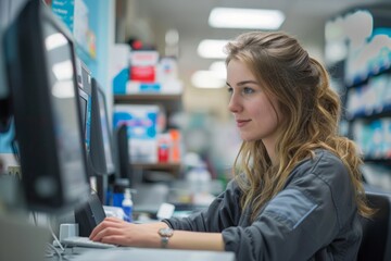 Professional Photography of a Pharmacy Shop Assistant Updating and Maintaining Patient Records and Pharmacy Databases, Generative AI - Powered by Adobe