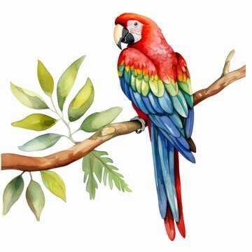 A Macaw clipart, watercolor illustration clipart, 1500s, isolated on white background.