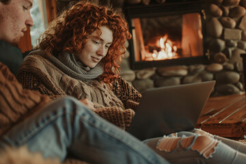 Young red-haired woman using laptop at home in front of fireplace.
