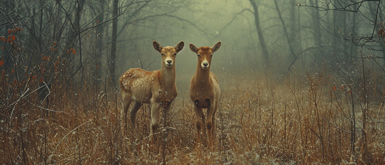 a two deer standing in the tall grass in the woods